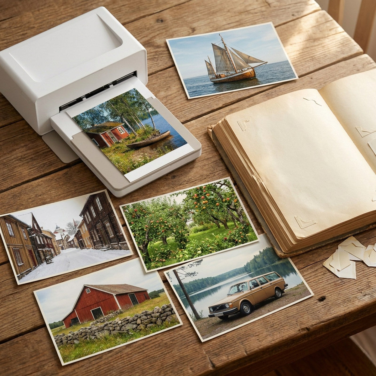 Printede fotos på et bord