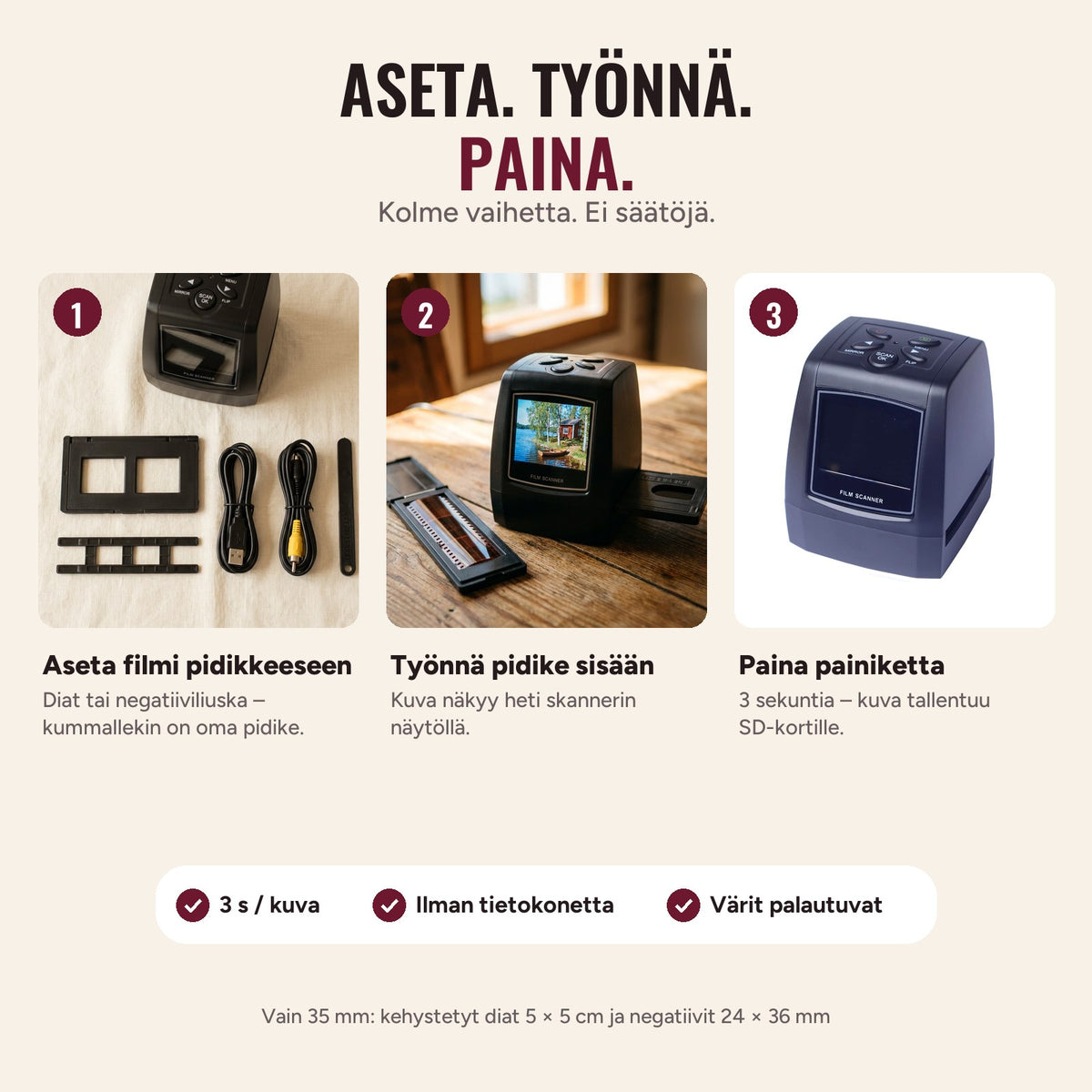Aseta, työnnä, paina – kolme vaihetta