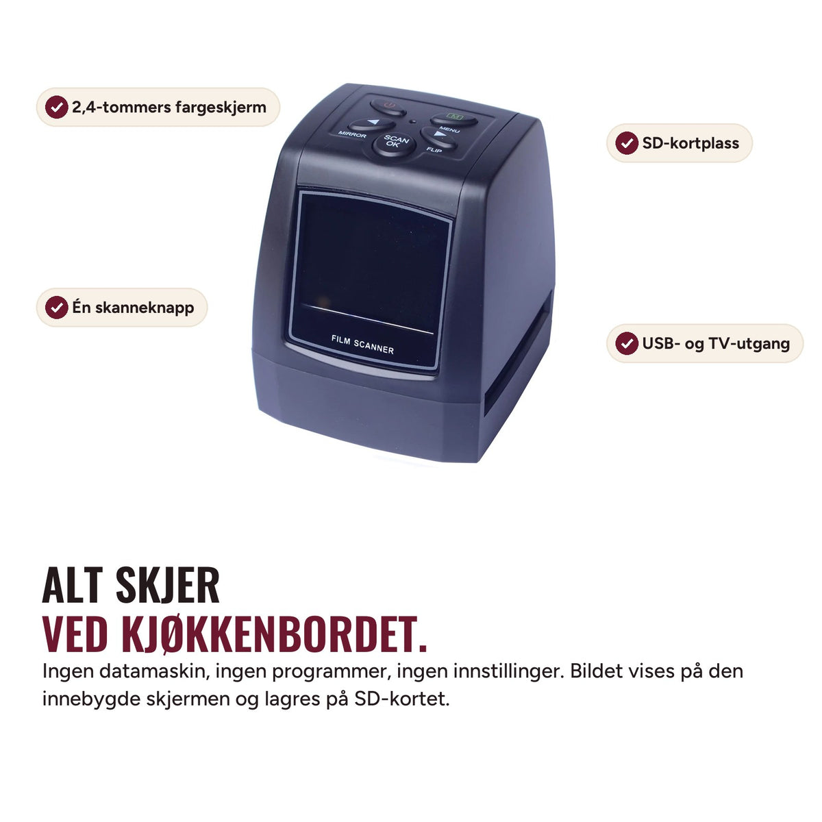 Fotora Minneskanner – skjerm og knapper