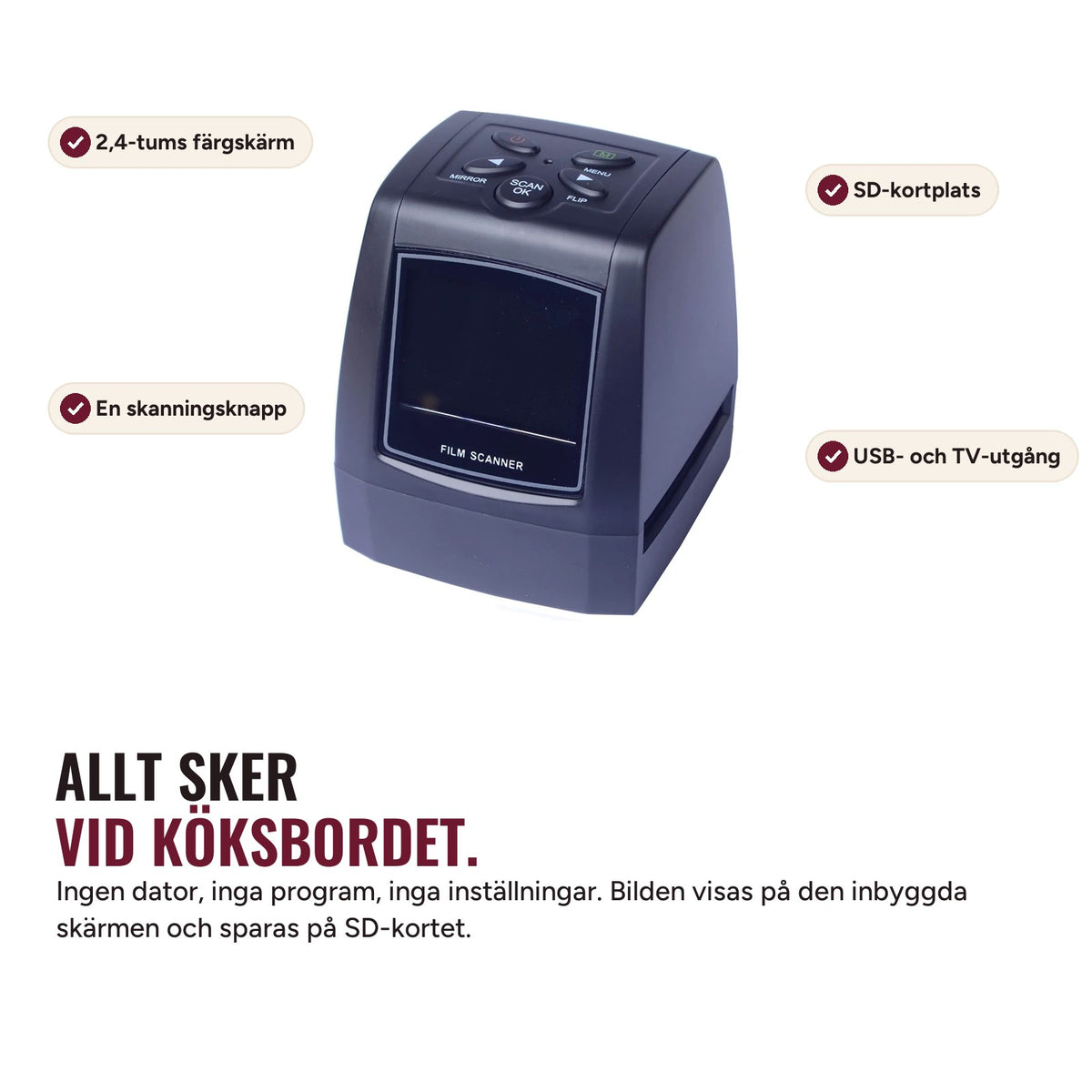 Fotora Minnesskanner – skärm och knappar