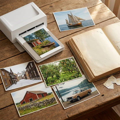 Utskrevne gamle bilder på et bord