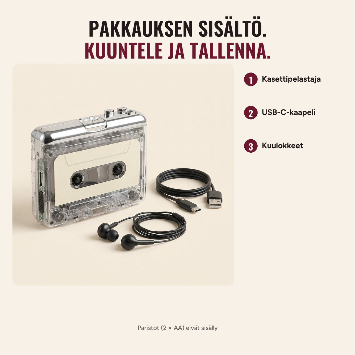 Kasettipelastajan pakkauksen sisältö